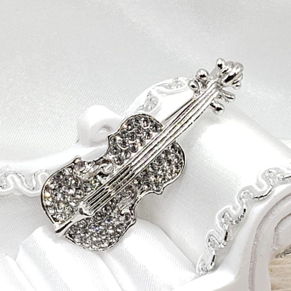 Brand New Rhinestone Silver Violin Brooch Pin